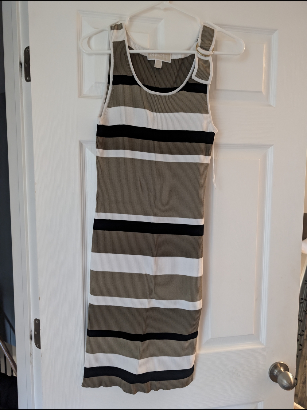 Michael Kors Olive, White & Black Striped Ribbed Tank Dress